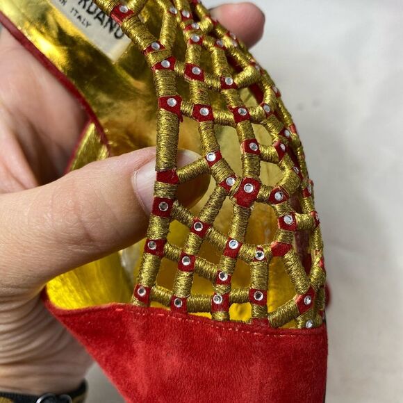 Vintage Mario Giordano Shoes Womens Size 5.5 Red Gold Sling Back 3" Heels - Picture 4 of 8